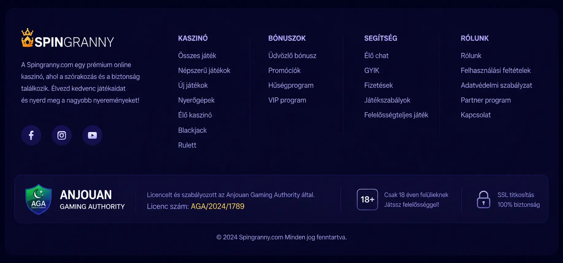 Anjouan Gaming Authority logó – SpinGranny licencszám a láblécben