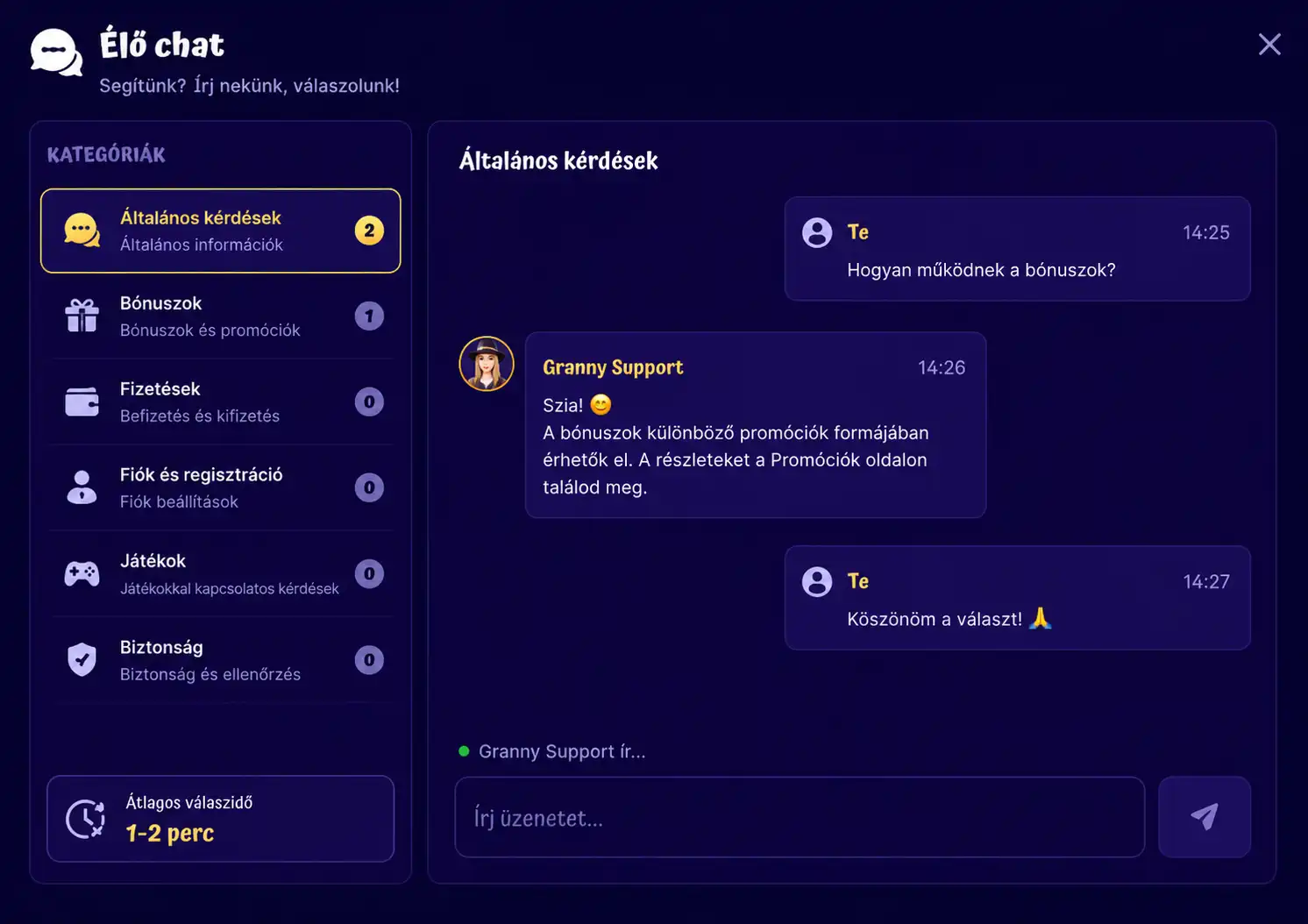 SpinGranny élő chat ablak – ügyfélszolgálat