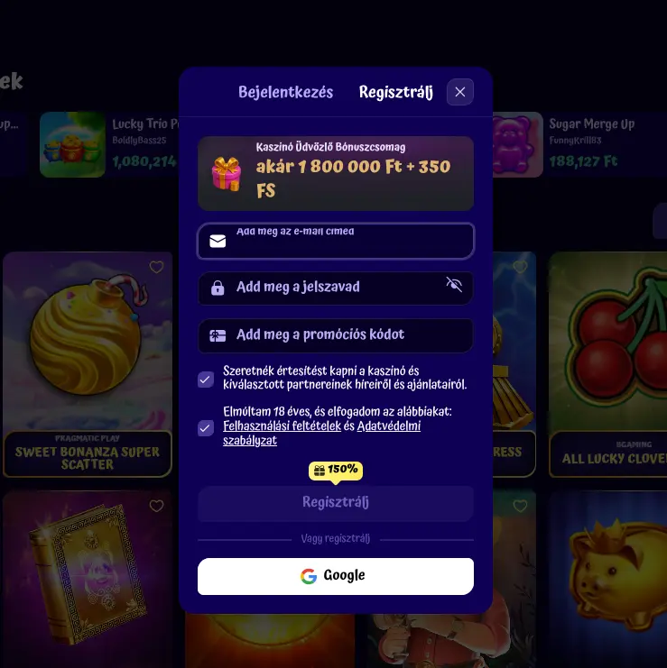 SpinGranny regisztrációs űrlap és pénznemválasztó