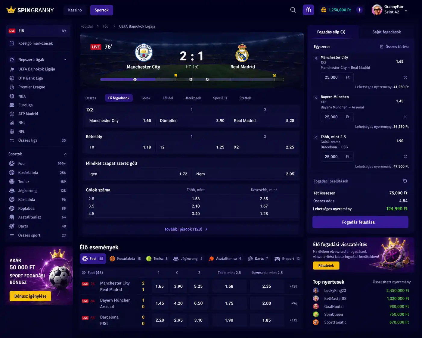 SpinGranny sportfogadás – live szekció és fogadási szelvény